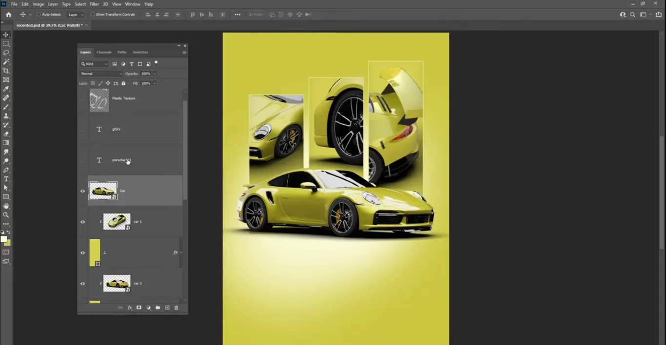 three rectangular photo panels with car images using clipping masks