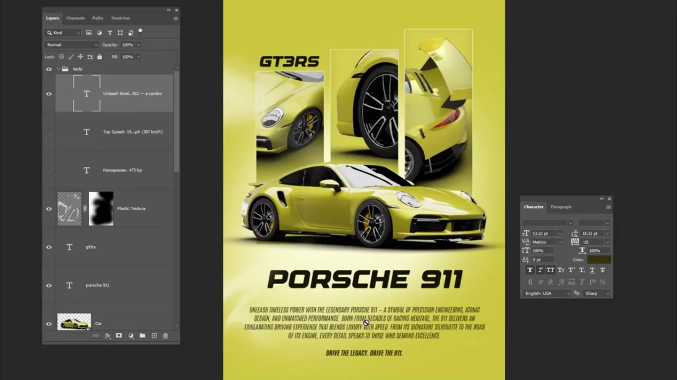 finished car poster designed in adobe photoshop green theme