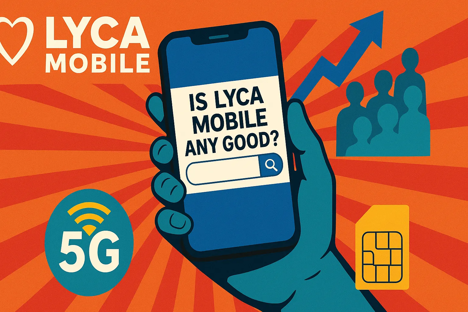 Illustration showing a smartphone with the query 'Is Lyca Mobile any good?' highlighting Lyca Mobile's 5G service, SIM card, and rising user base on T-Mobile's U.S. network.