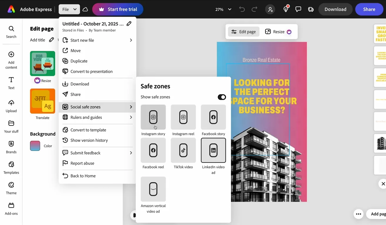 Adobe Express social safe zones overlay for Instagram Reel showing visible area boundaries for text and logos
