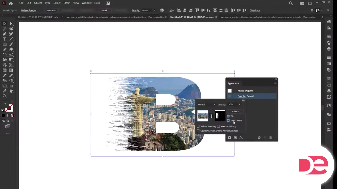 Creating an opacity mask to blend a photo inside a letter B with glitch texture.