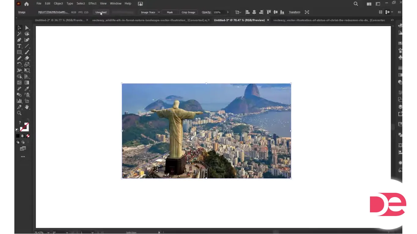 Placed photo of Christ the Redeemer over Rio de Janeiro in Adobe Illustrator.