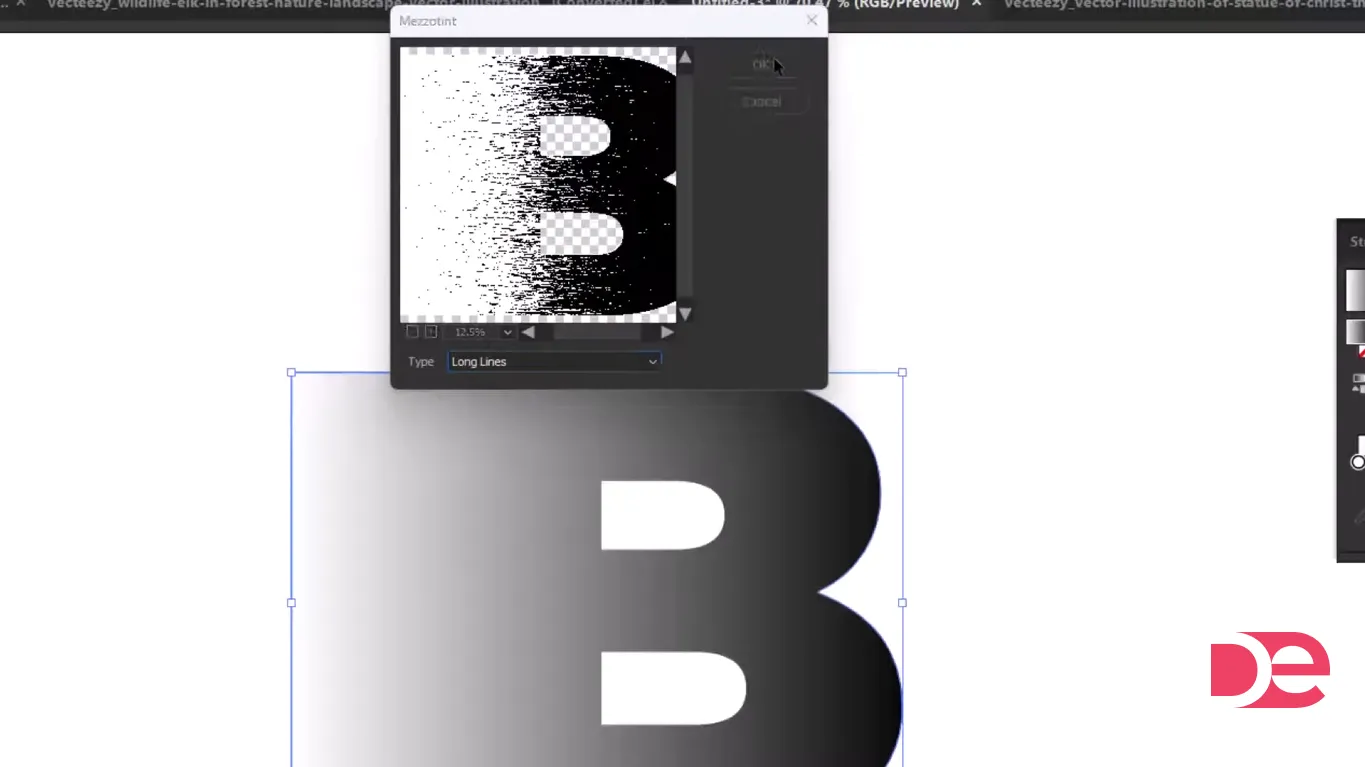 Mezzotint filter set to Long Lines creating a glitch texture on letter B typography.