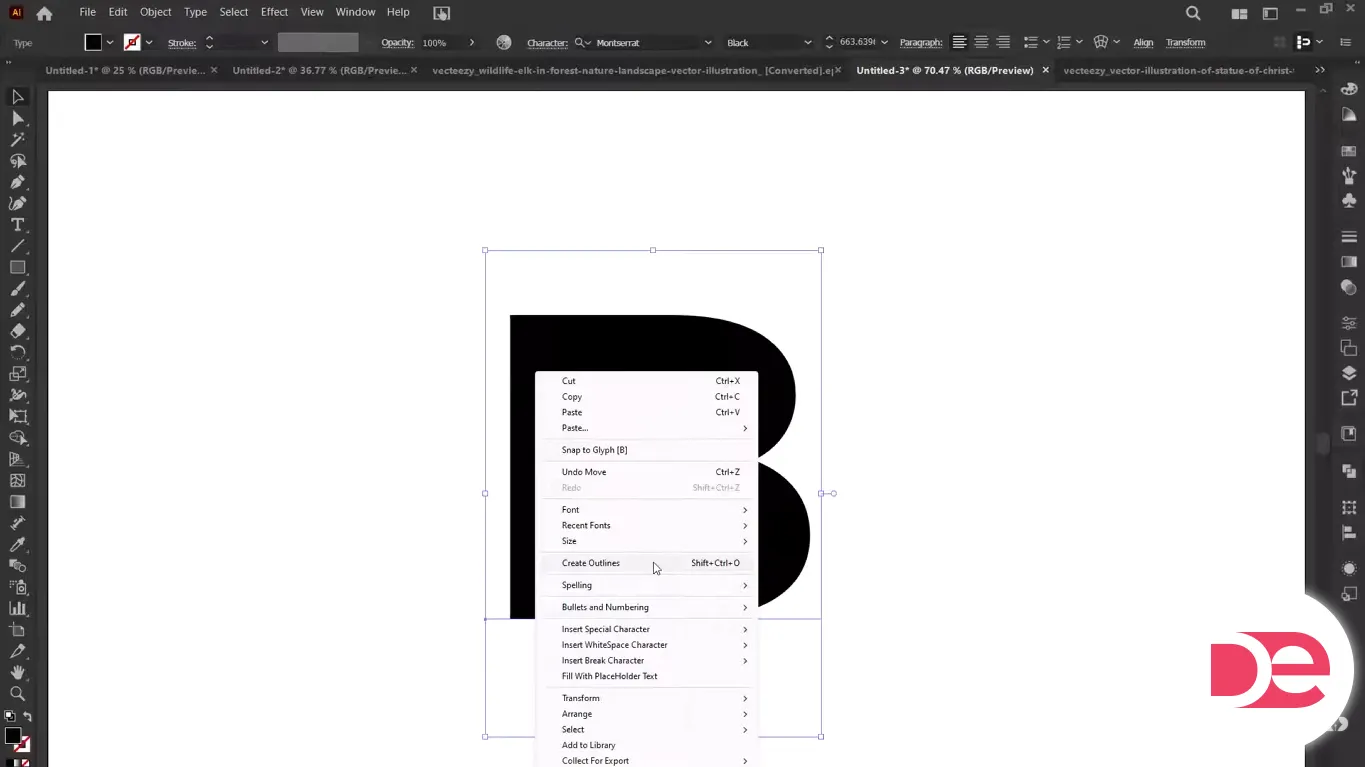 Create Outlines in Adobe Illustrator to convert text into editable vector shapes.