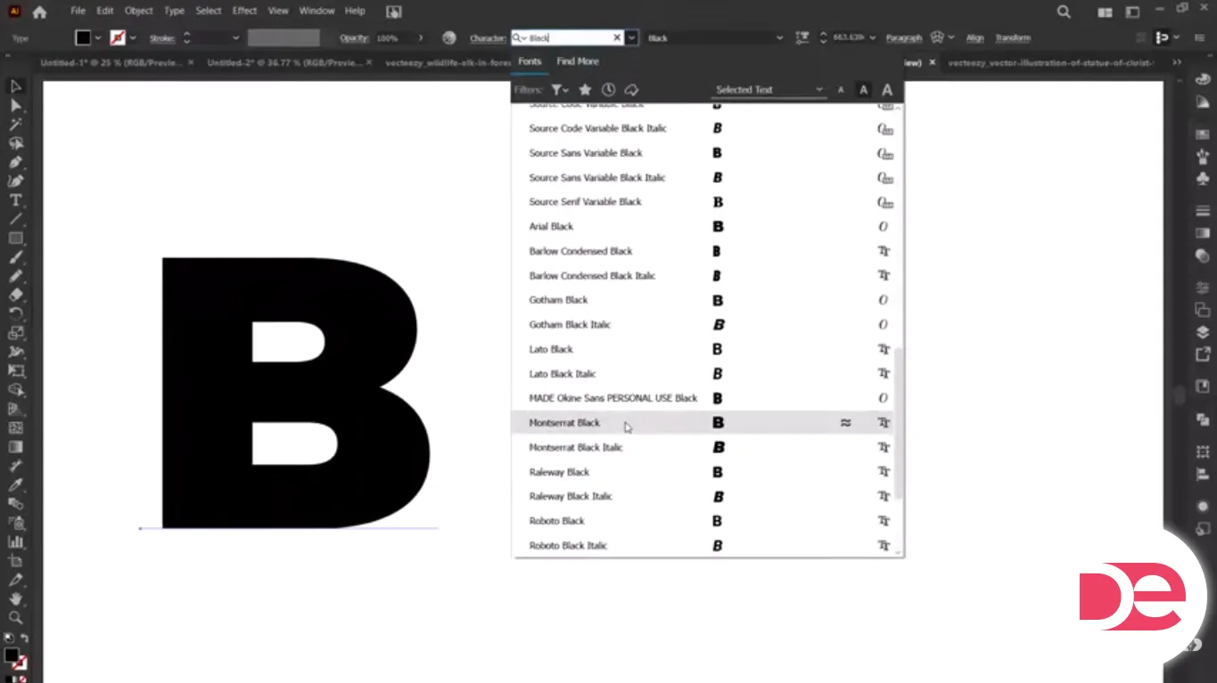 Adobe Illustrator font menu selecting Montserrat Black for a bold letter B.