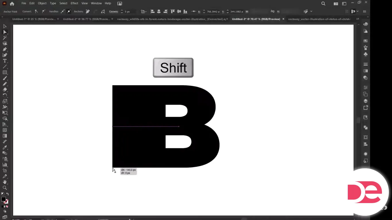 Holding Shift to draw a perfectly straight horizontal line in Adobe Illustrator.