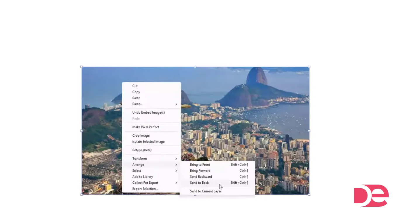 Adobe Illustrator image context menu showing Crop Image and Arrange options.