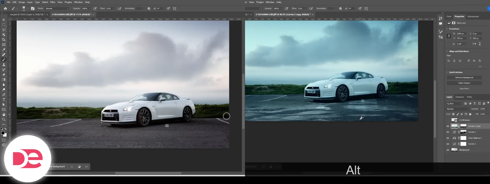 Car with seamless water reflection created by vertical flip and motion blur
