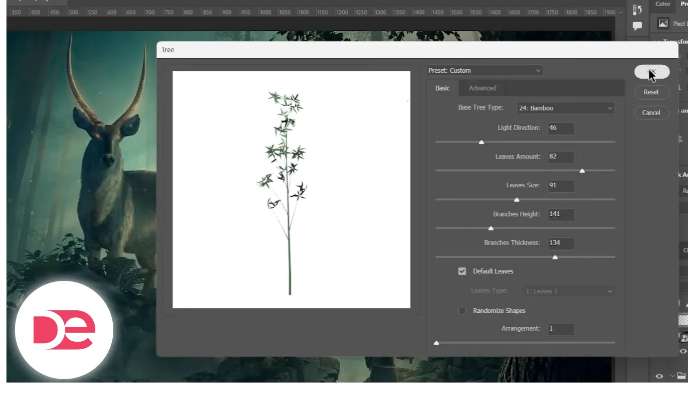 Photoshop’s Tree Render dialog set to a bamboo preset, displaying sliders for leaves, branches, and light direction while generating custom foliage for a fantasy scene.