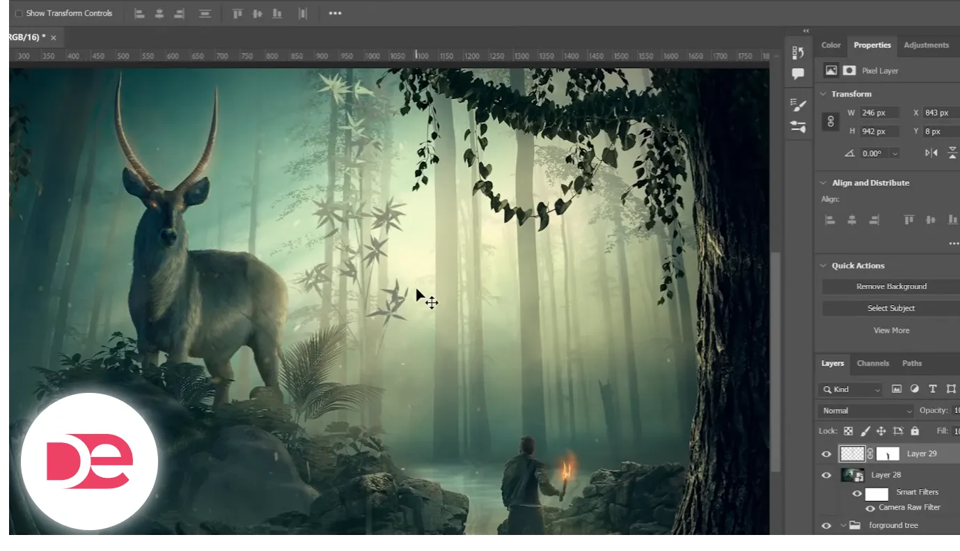 Cinematic forest composite built in Photoshop: a lone explorer with a torch faces a horned stag with glowing eyes amid misty trees, demonstrating professional matte-painting and lighting techniques.