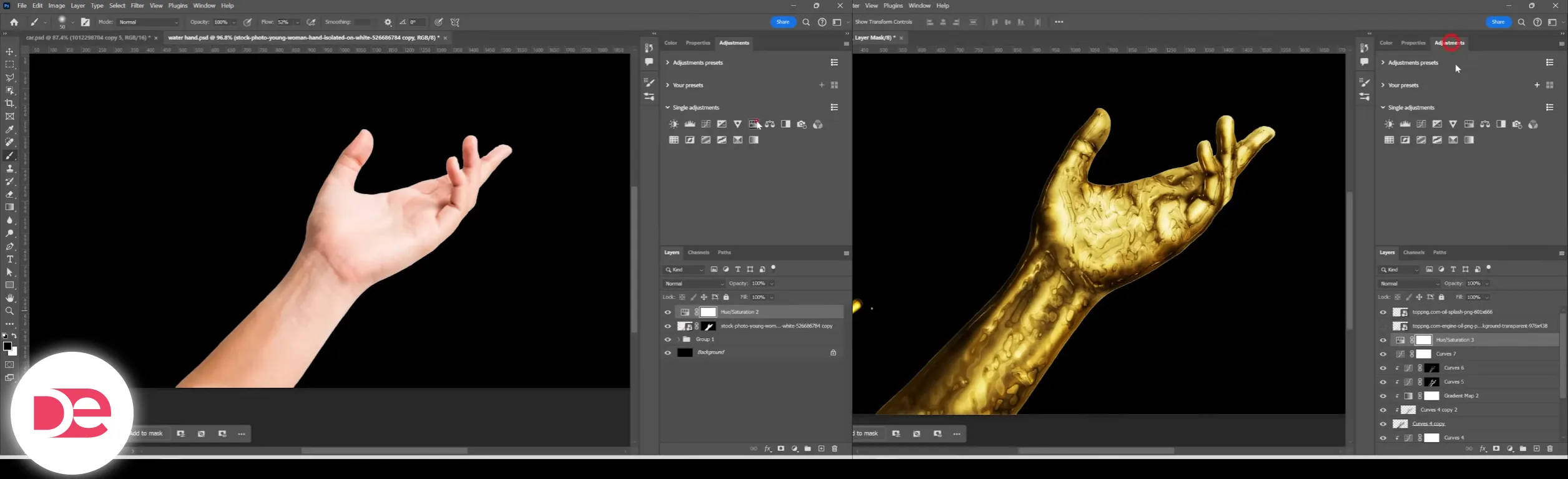 Side-by-side Photoshop workspaces comparing a natural skin-tone hand to a liquid-gold version created with a Gradient Map, layer masks, and smart filters—perfect example of advanced photo-manipulation.