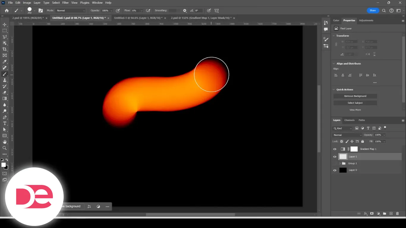 Before-and-after split showing white brush strokes turning into vibrant yellow-orange glow using a Gradient Map