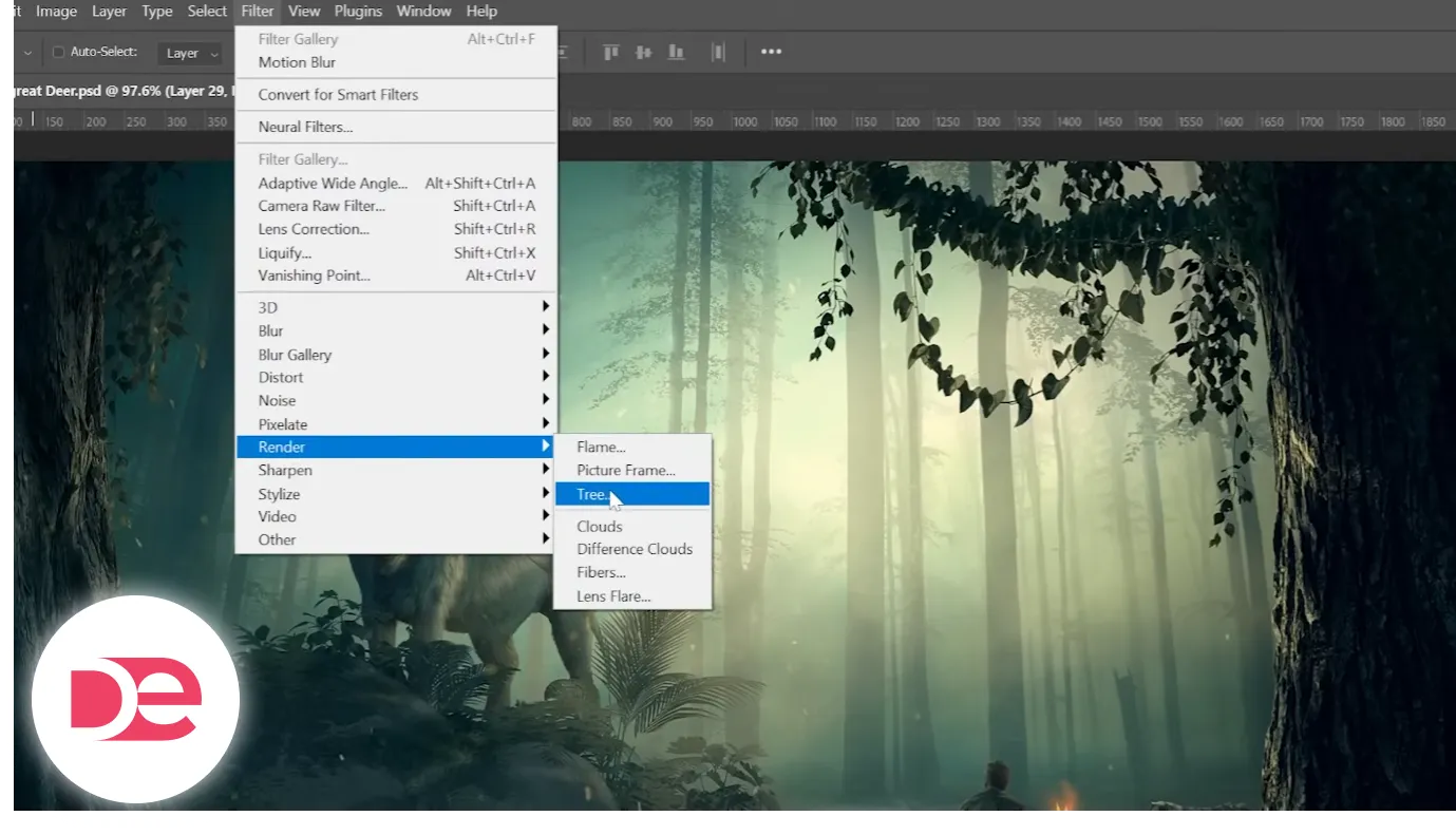 Screenshot of Photoshop menu path Filter ▸ Render ▸ Tree, highlighting the workflow step used to insert procedurally generated foliage into digital composites.