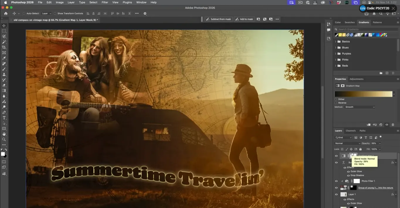 Completed travel collage in Photoshop using free Adobe Stock images and retro text
