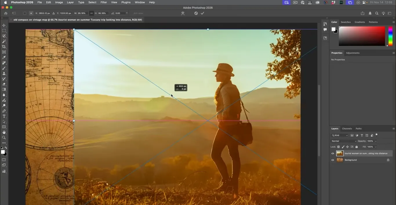 Photoshop gradient mask used to blend traveler into map and van background