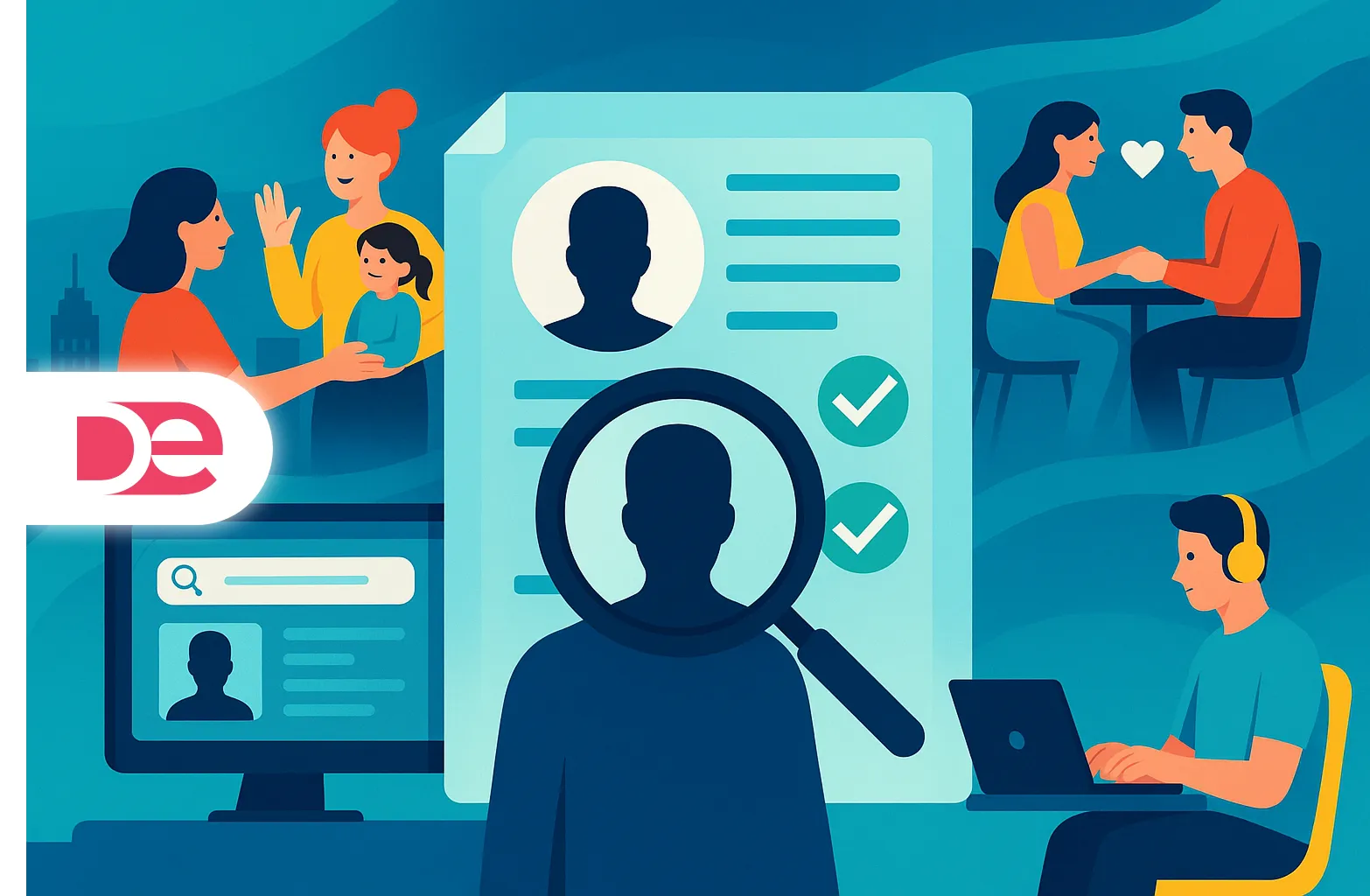 Ilustración sobre verificación de antecedentes 2025: PeopleFinders, background report para niñeras, citas Tinder y empleados remotos.