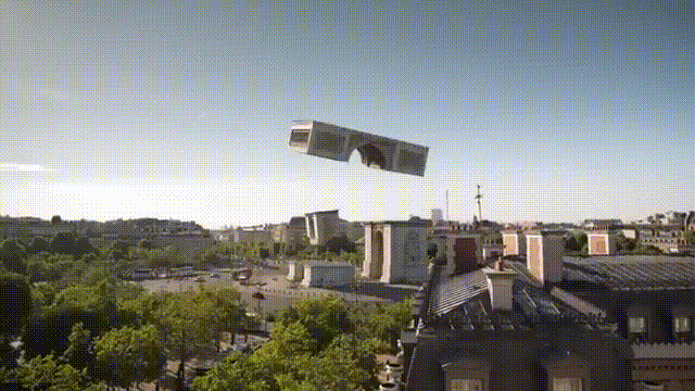 Modular architecture animation: building splits into parts and reassembles