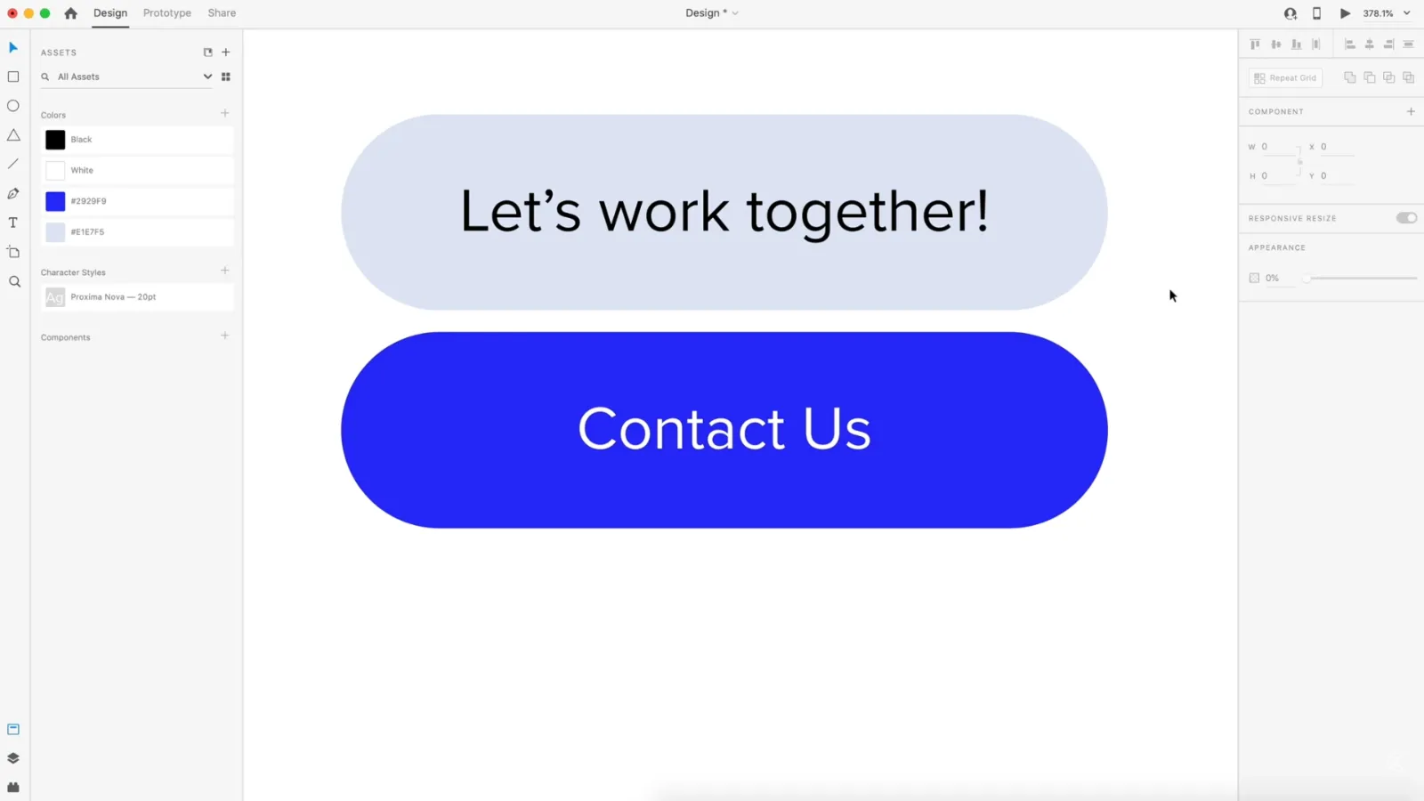 Adobe XD default and hover button states side by side