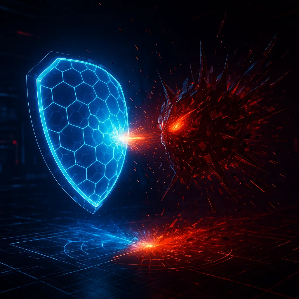 Side-by-side depiction of defensive AI and offensive AI battling in cyberspace