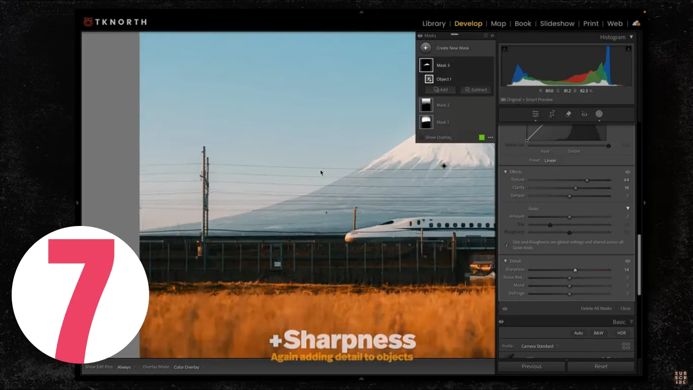Lightroom object mask increasing sharpness on a bullet train and wires beneath Mount Fuji—local detail enhancement.