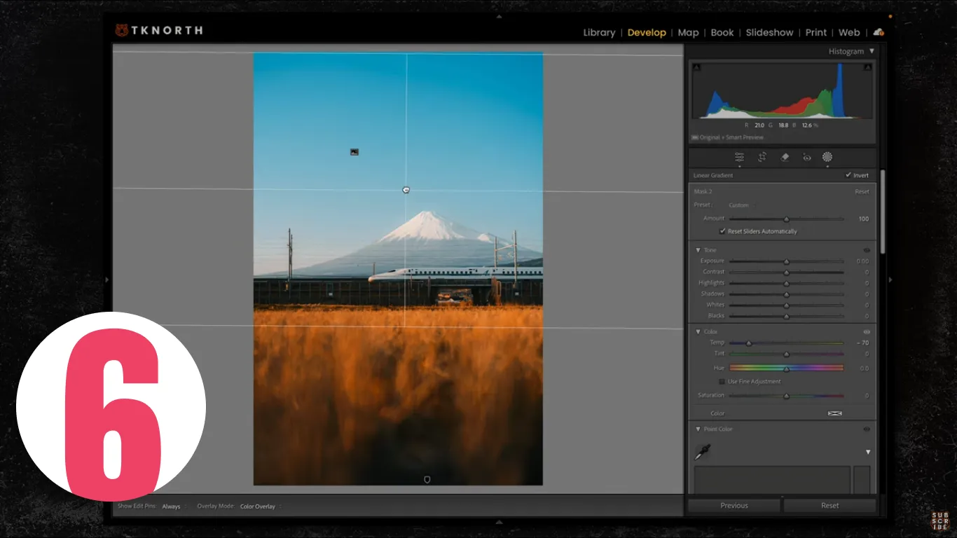 Lightroom linear gradient cooling the blue sky above Mount Fuji—selective color temperature adjustment.