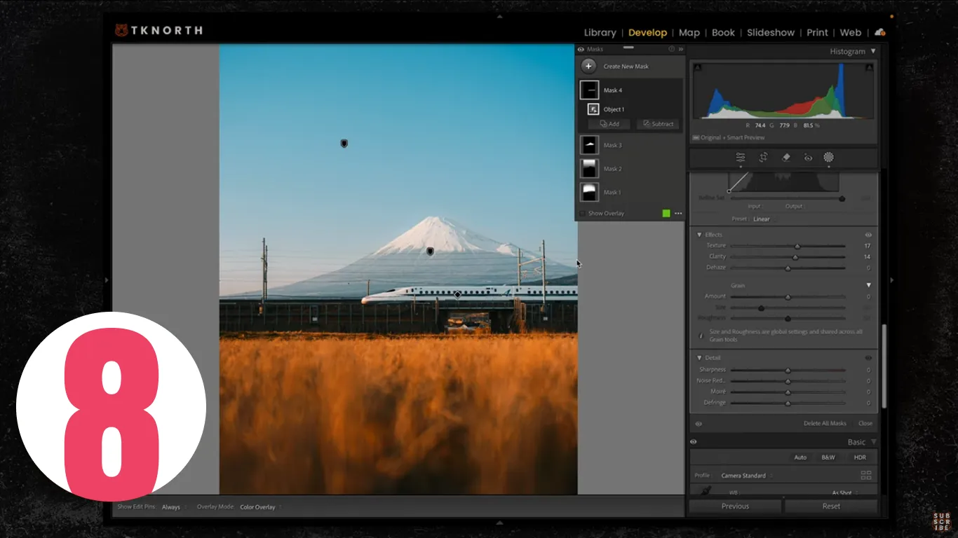 Lightroom object mask targeting the Shinkansen and Mount Fuji scene to enhance texture and clarity in Develop.