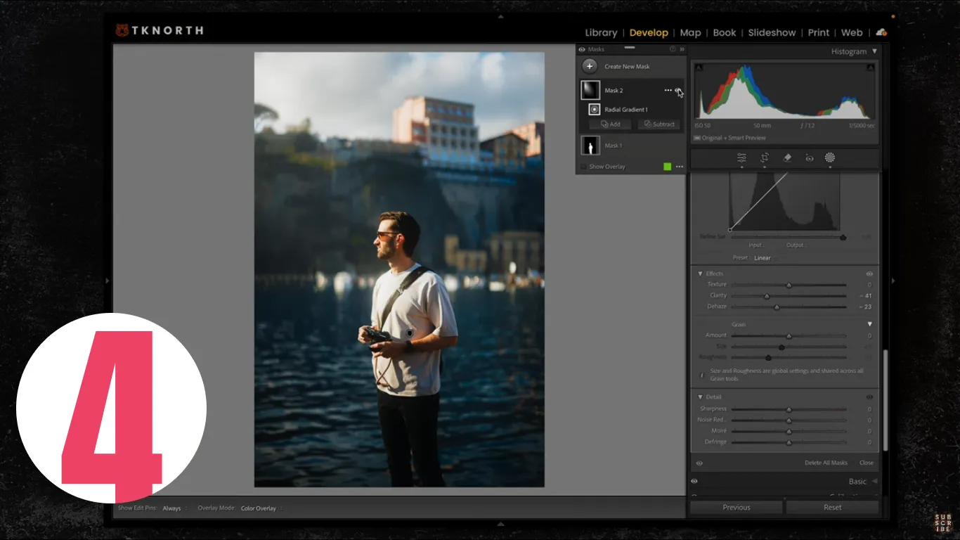 Lightroom radial gradient darkening and blurring the background behind a male portrait for subject separation.