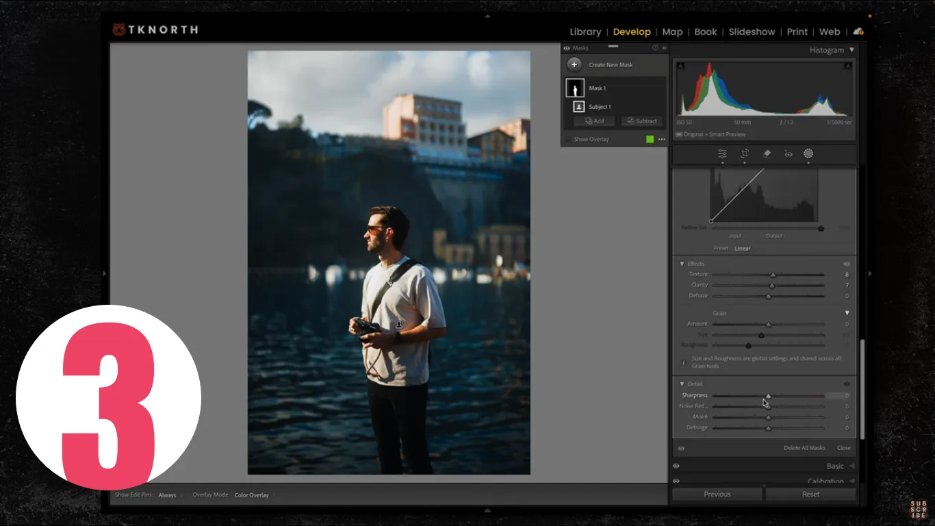 Lightroom Subject Mask boosting sharpness, texture, and clarity on a man holding a camera—portrait editing workflow.