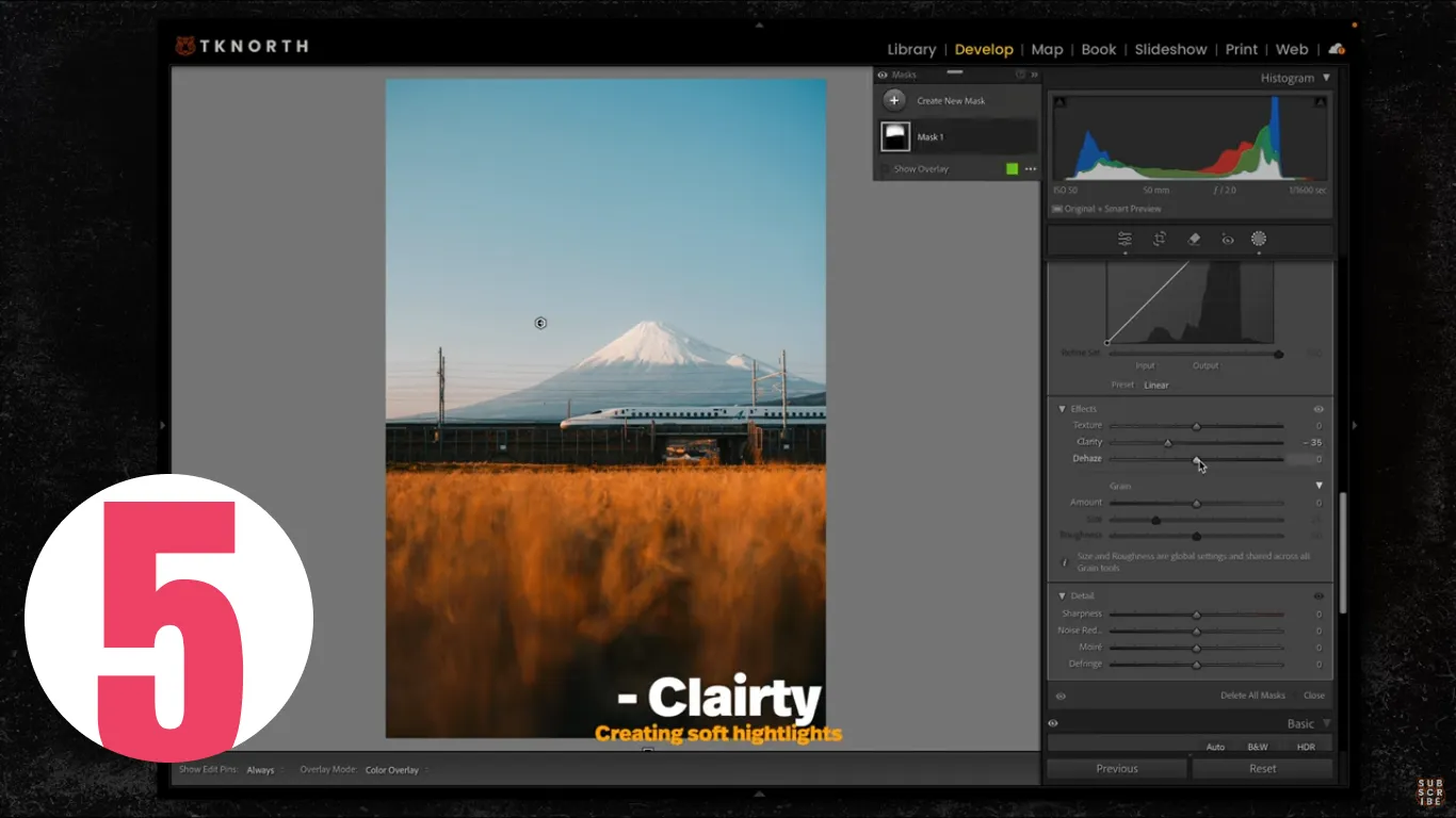Lightroom mask lowering clarity to create soft highlights in a Mount Fuji landscape with golden field foreground.