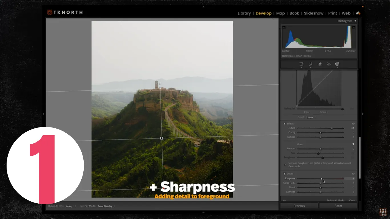Lightroom mask adding foreground sharpness to a hilltop castle landscape, Develop module detail panel visible.