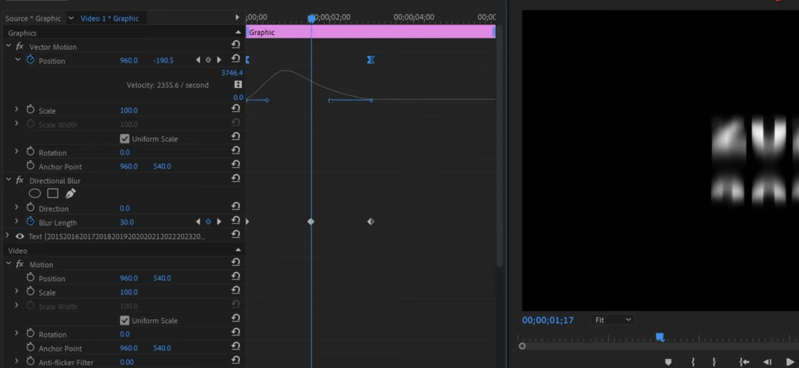 Premiere Pro scrolling text timeline animation with masked window and directional blur