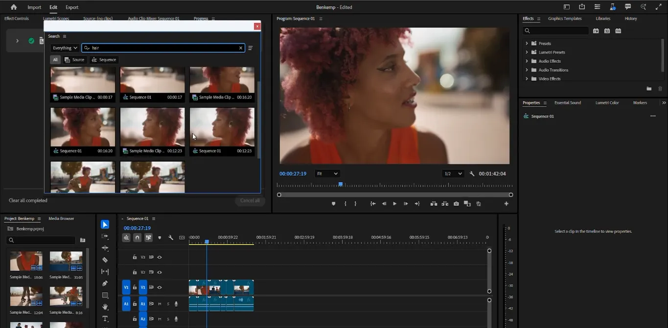 Premiere Pro Media Intelligence search filtering clips by AI tags
