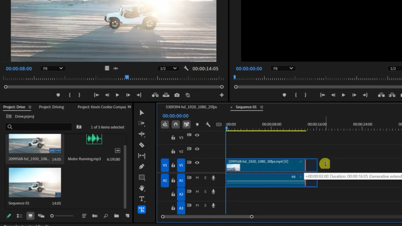 Premiere Pro 25.3 showing Generative Extend AI in action