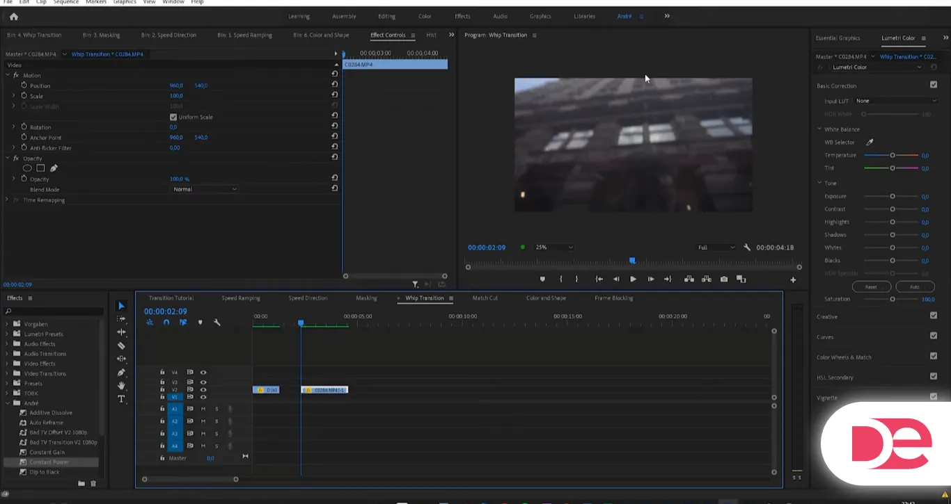 Selecting peak motion blur frame for whip pan cut between two clips in Premiere Pro