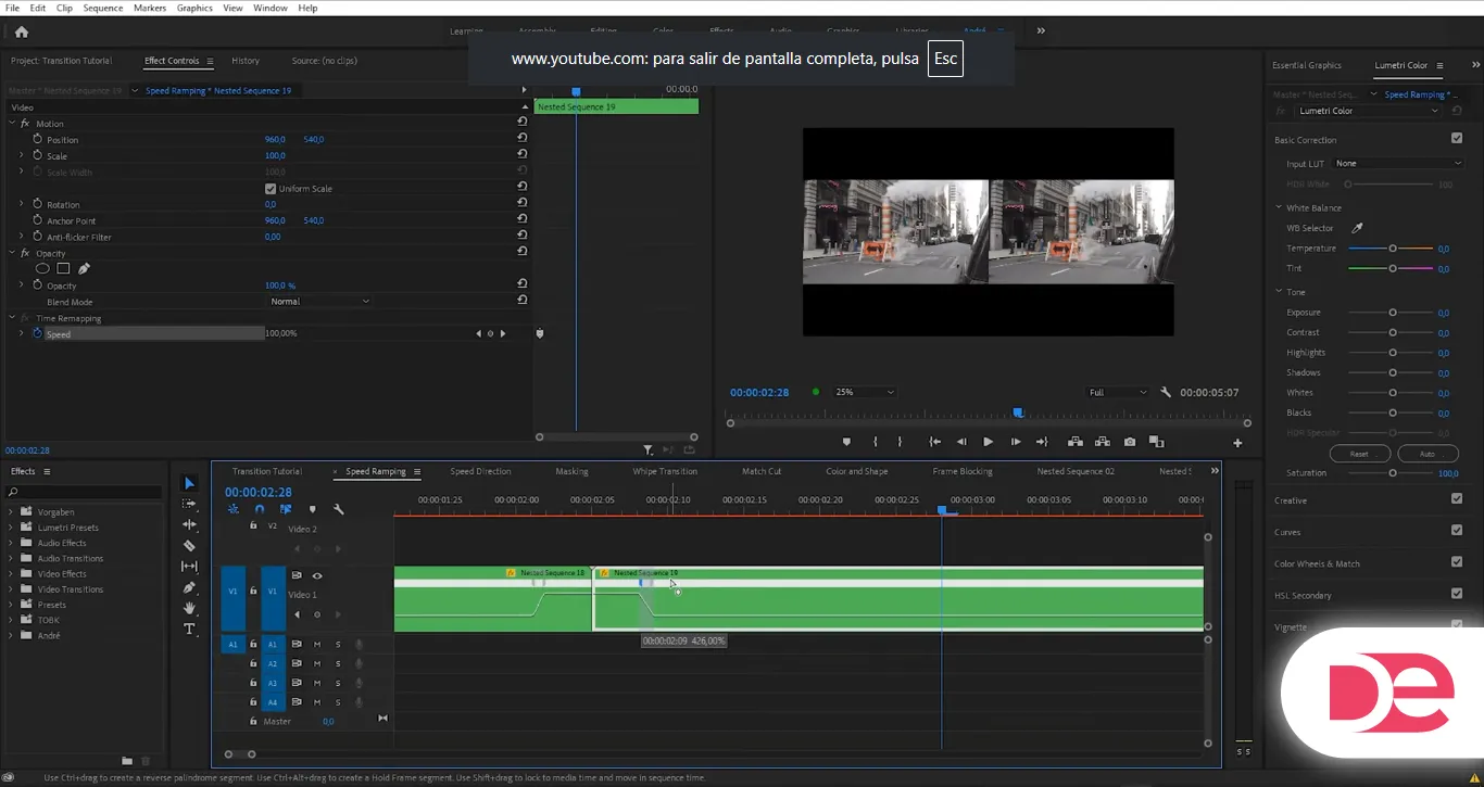 Speed ramp keyframes and Bezier handles in Premiere Pro time remapping panel for cinematic transition