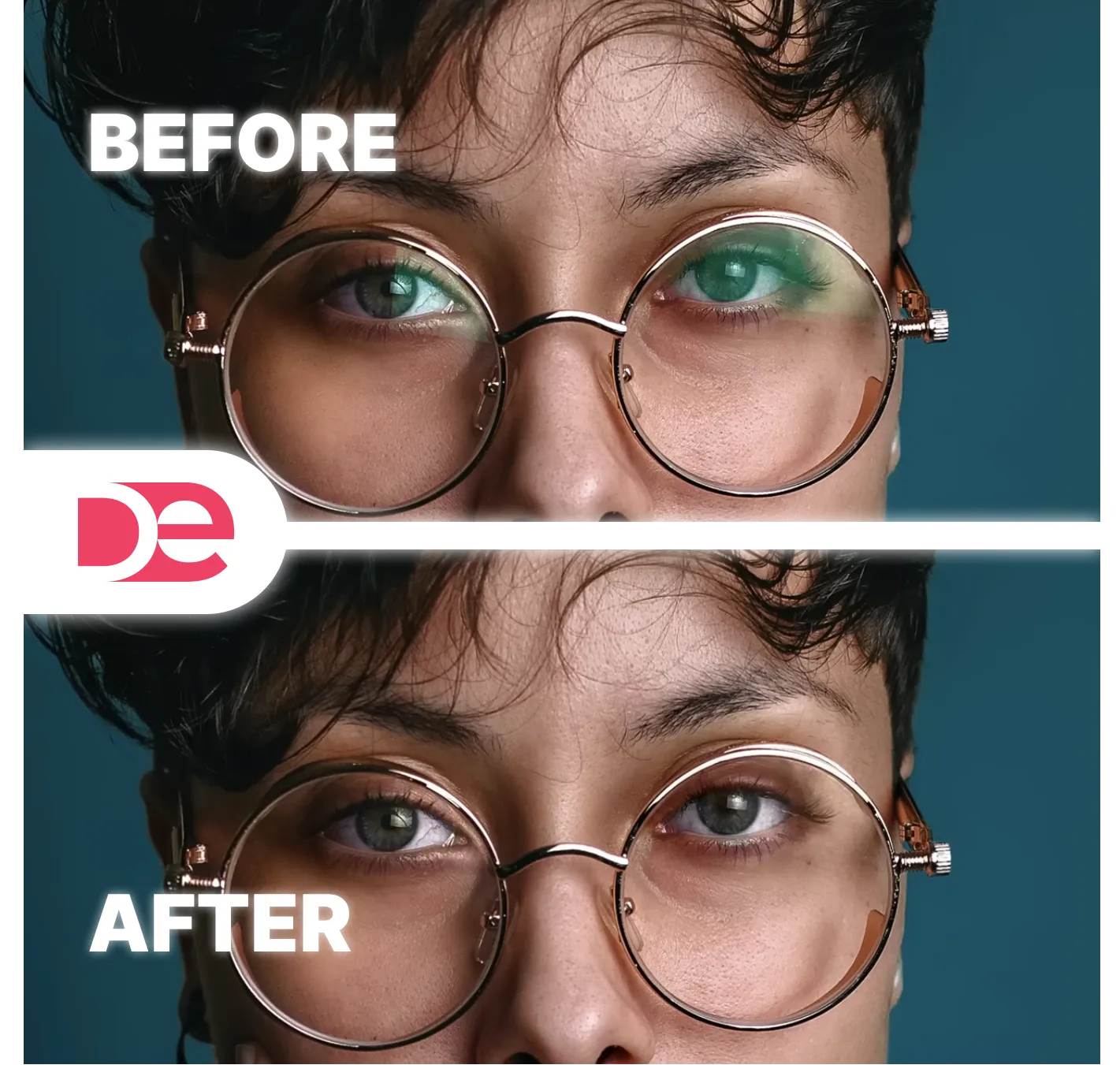 Portrait before and after removing glare from glasses using Photoshop.