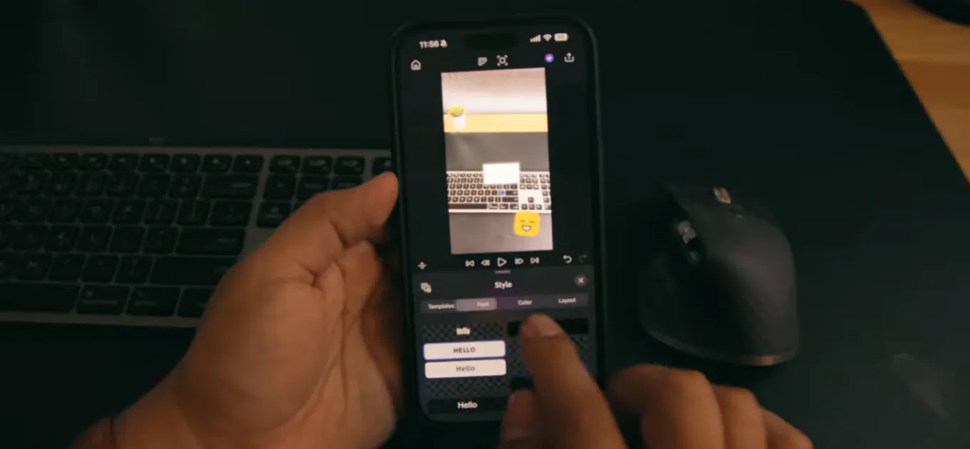 Premiere Pro Mobile text styles panel on iPhone—adding captions and emoji, choosing font, color and layout templates for vertical videos.
