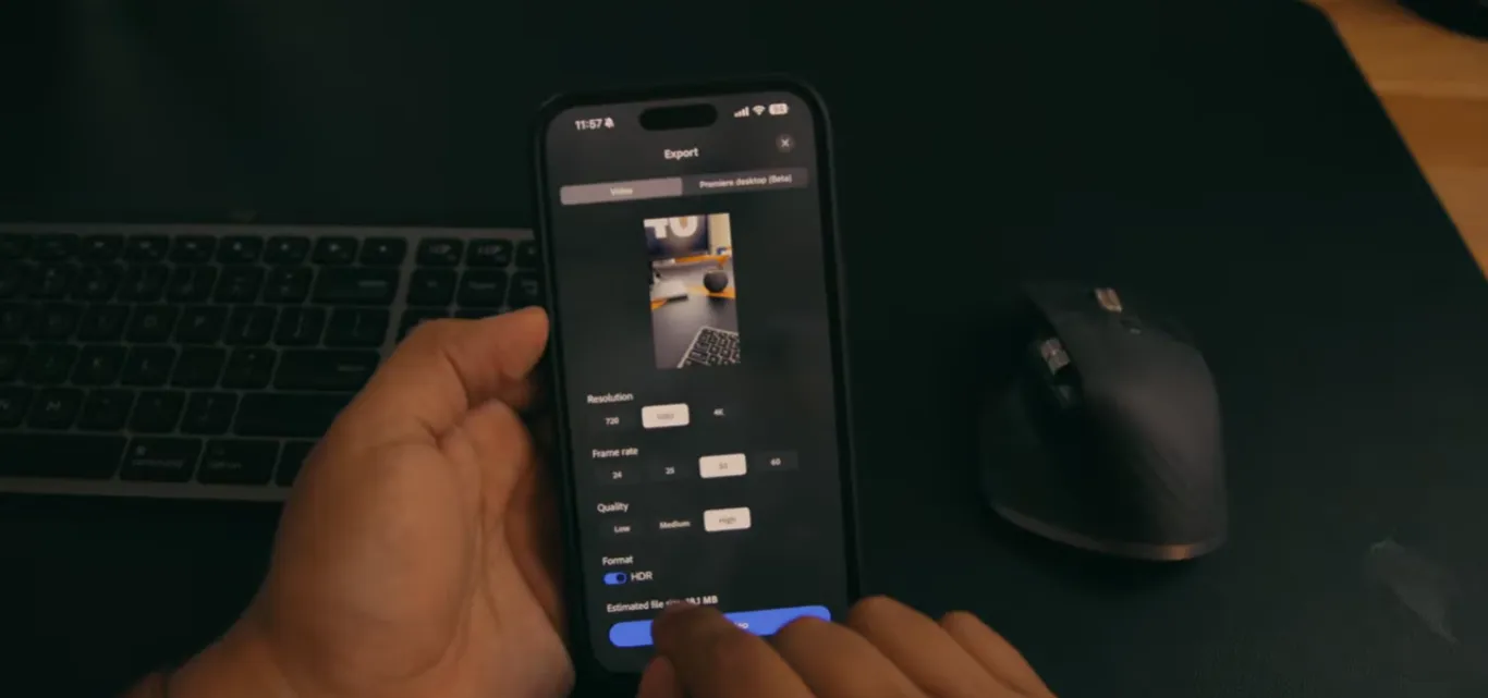 Premiere Pro Mobile export settings on iPhone showing 1080p/4K resolution, 24–60 fps, quality options and HDR toggle before rendering.