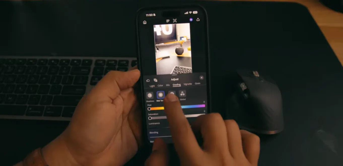 Premiere Pro Mobile color grading on iPhone—adjusting mid tones hue, saturation and luminance for a cinematic look in a vertical video.