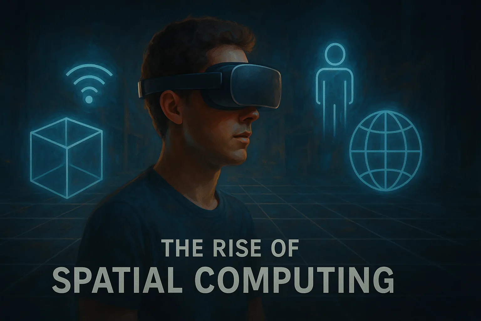 Futuristic illustration of a man wearing a VR headset, surrounded by glowing holograms of a cube, globe, Wi-Fi, and human icon, symbolizing the rise of spatial computing.