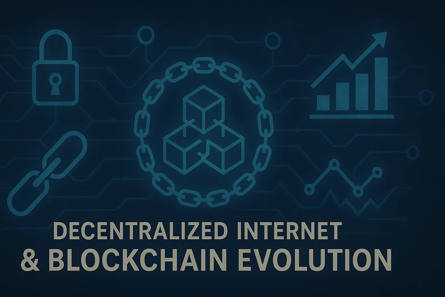 Portrait of a man looking at glowing blockchain and decentralized network icons, including chain links, a padlock, and node diagrams, on a dark background.