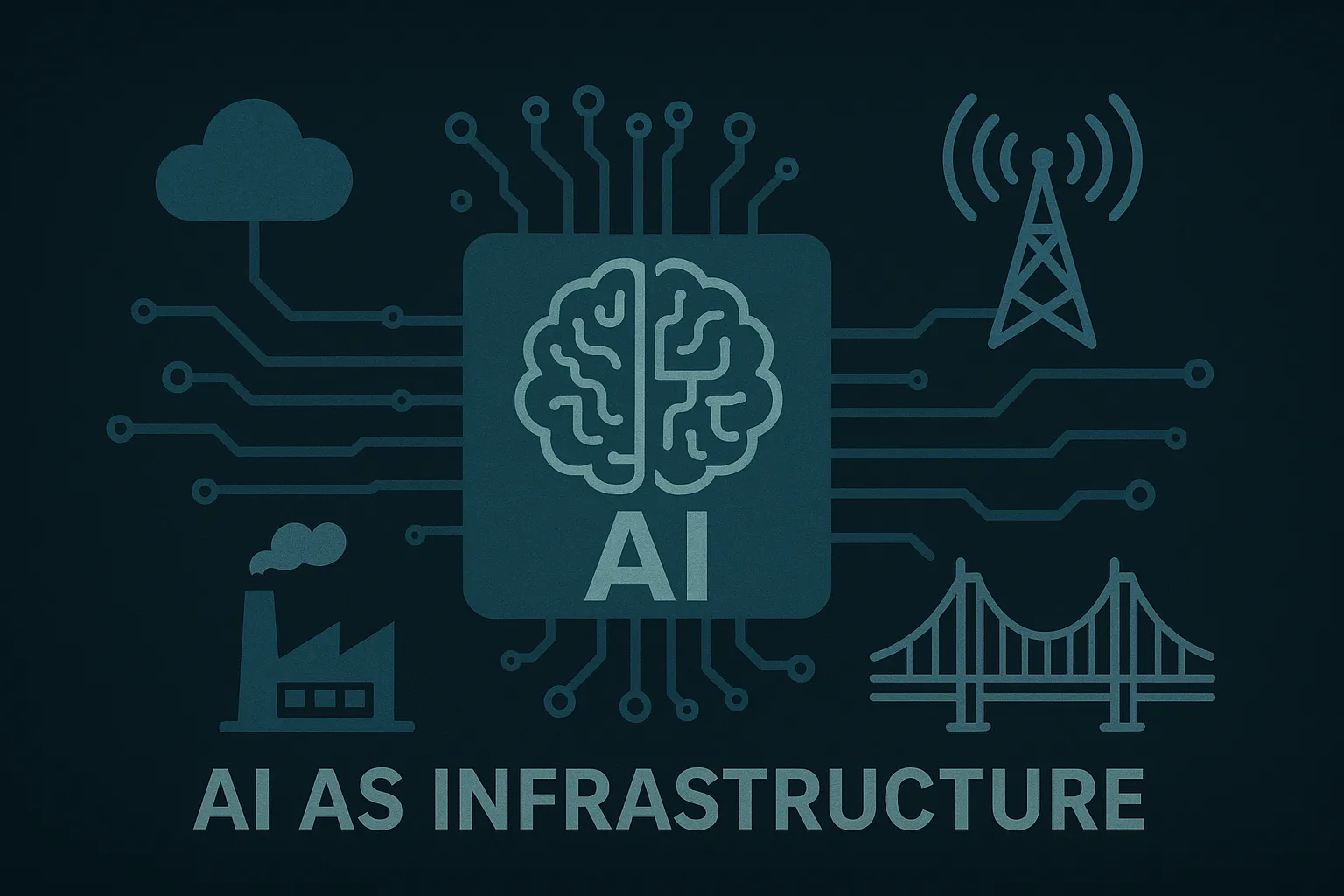Illustration of AI as infrastructure showing a central brain chip connected to icons of a cloud, cell tower, factory, and bridge, representing AI's integration across modern systems.