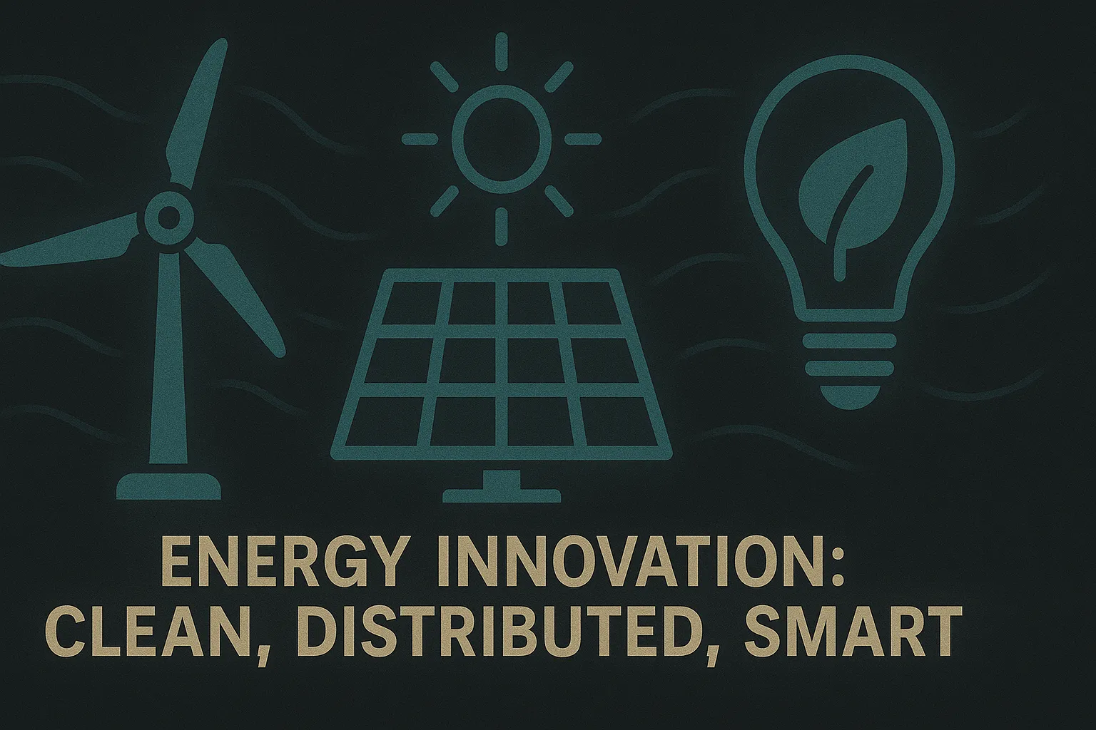 Stylized image of a wind turbine, solar panel, and light bulb with leaf symbol, highlighting clean and distributed energy innovation on a dark teal background.