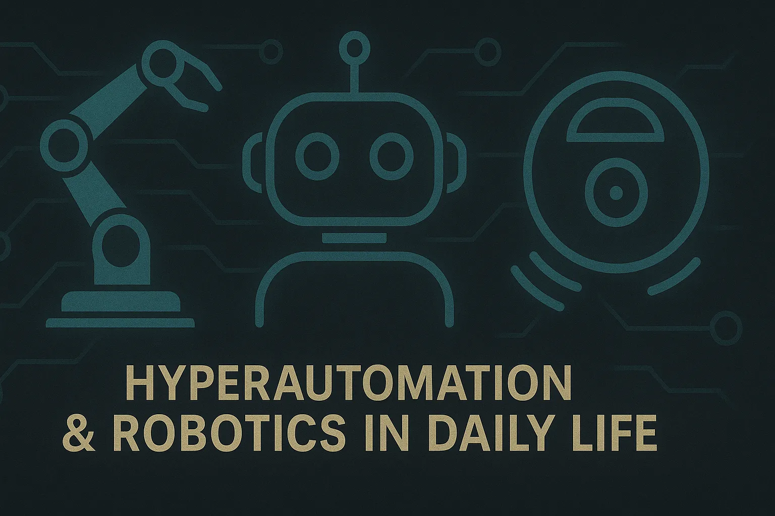 Illustration with glowing icons of a robotic arm, humanoid robot, and smart vacuum cleaner, symbolizing the presence of robotics and automation in everyday life.