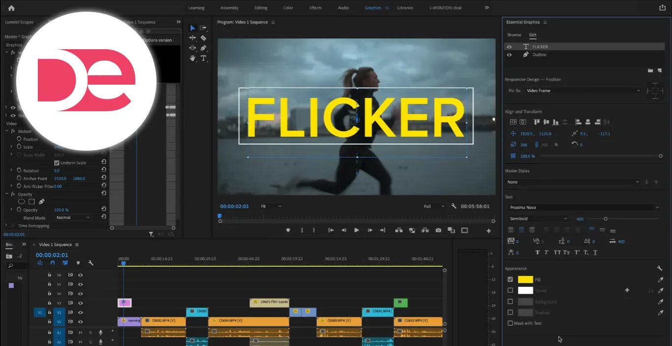 Premiere Pro template edit controls showing text, font, and color adjustments for a lower third
