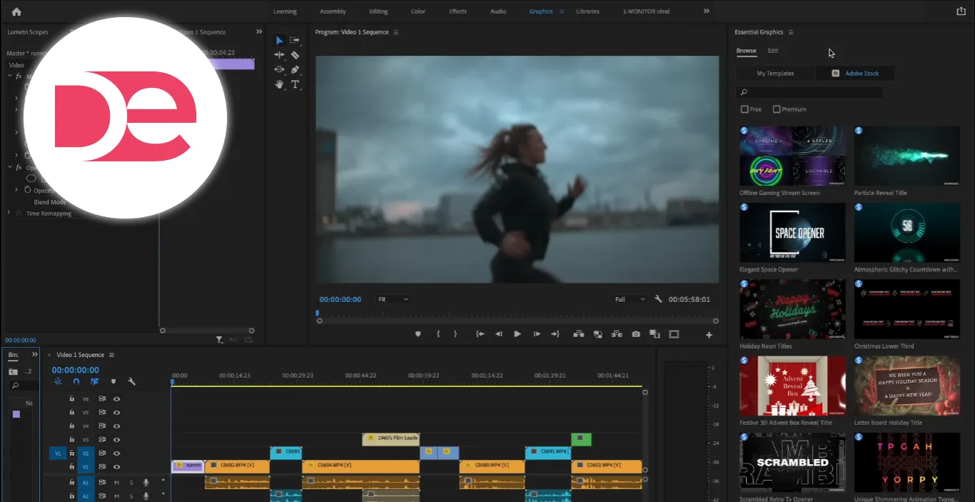 Adobe Premiere Pro Essential Graphics panel open with motion graphics template browser