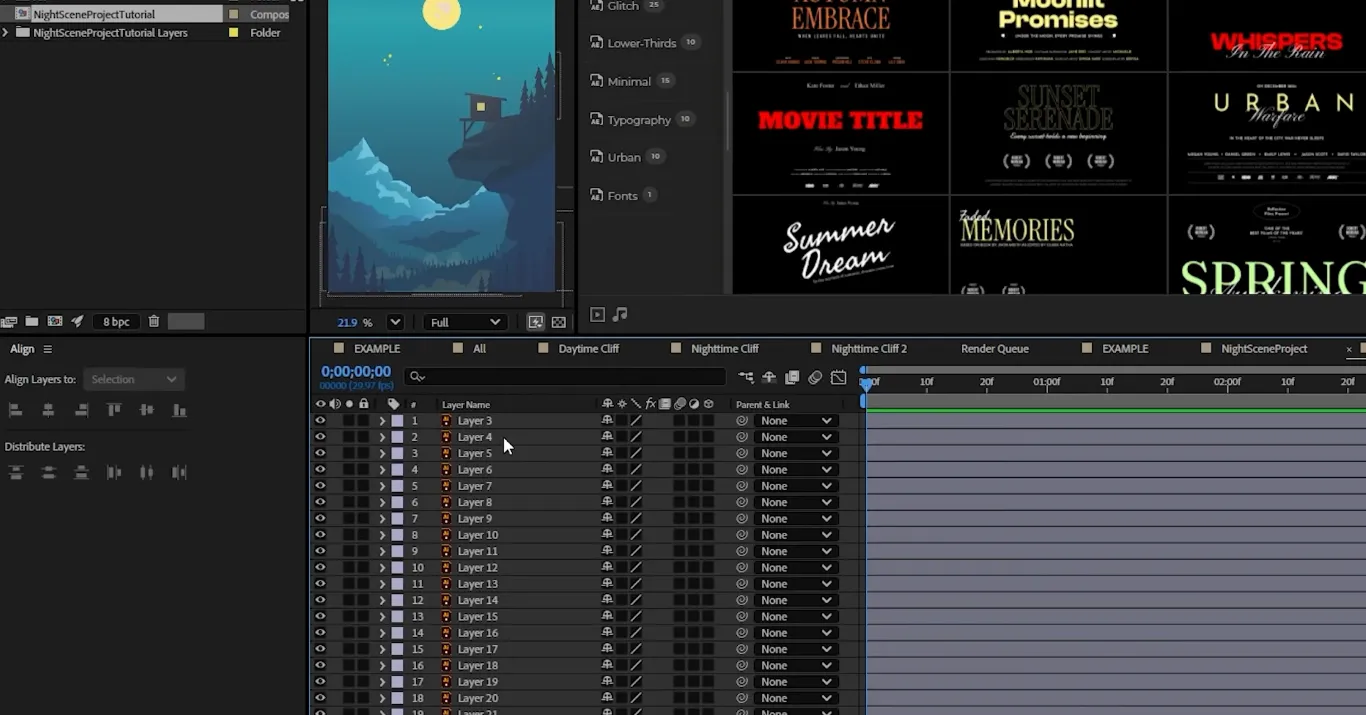 After Effects composition of a mountain night scene with moon and cabin – imported vector layers from Illustrator for motion design.