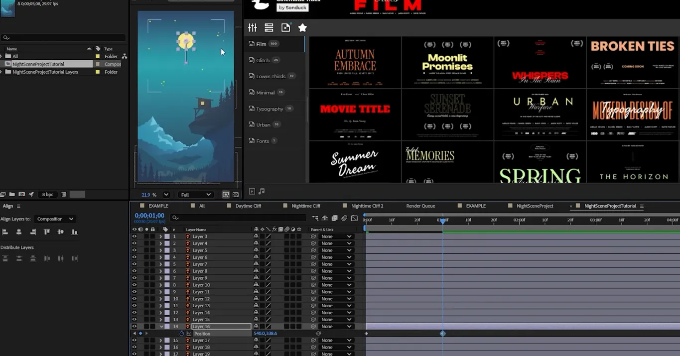After Effects animation project of a night mountain scene with cabin, moon, and fireflies – motion graphics layers and keyframes editing.