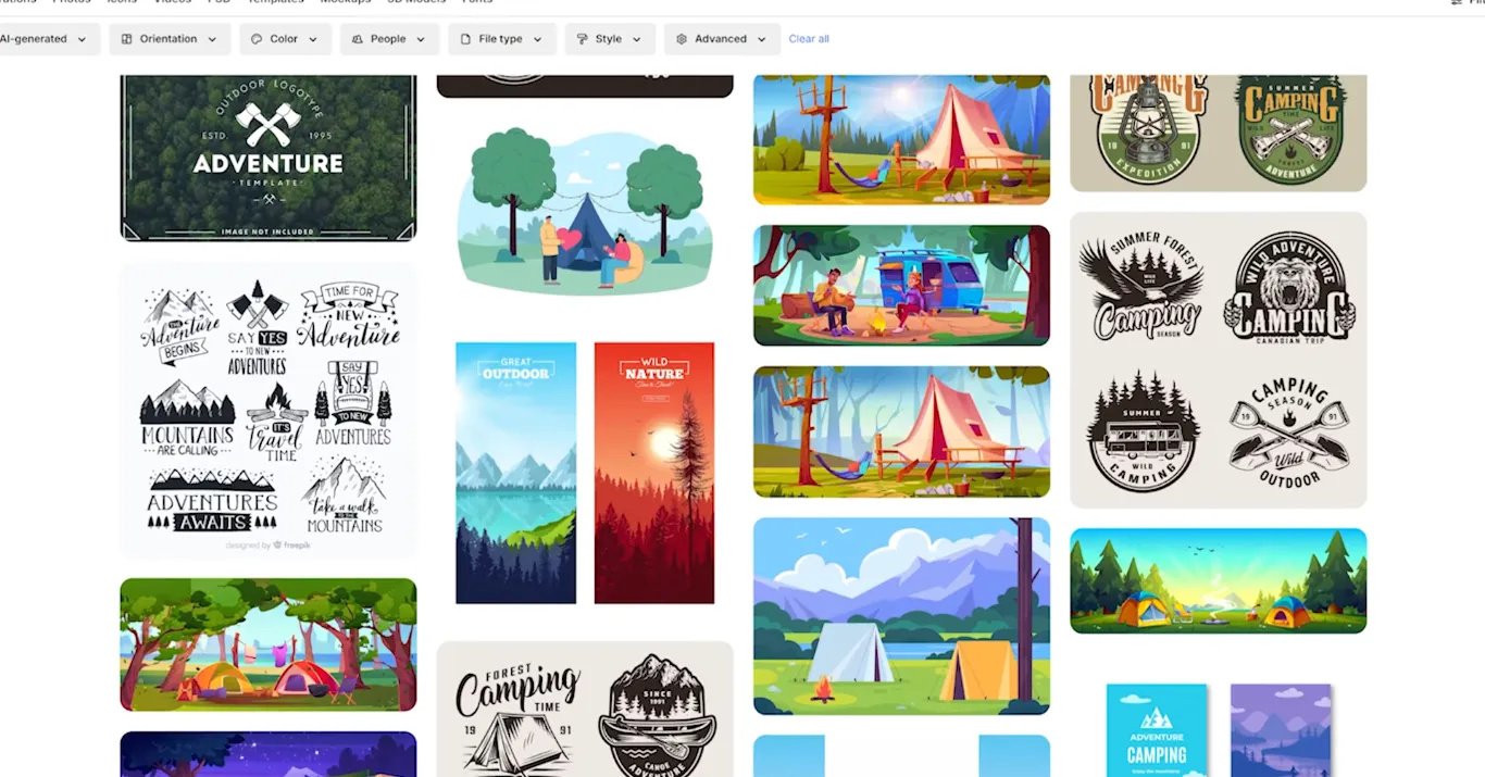 Vector camping illustrations with tents, campfires, vans, and outdoor adventure logos – creative designs for camping and nature graphics.