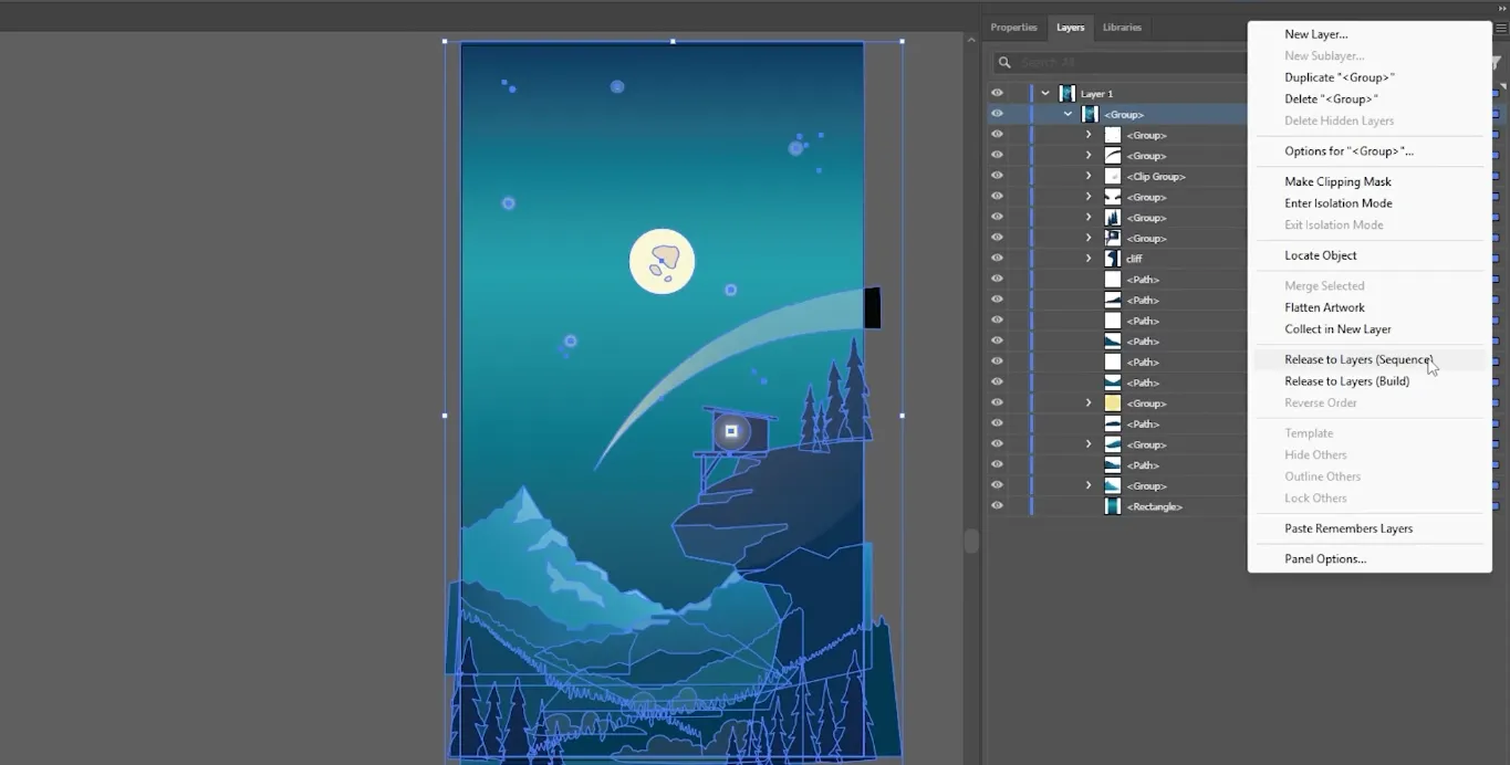 Adobe Illustrator layered night landscape illustration with mountains, cabin on cliff, and moon – vector art prepared for animation.